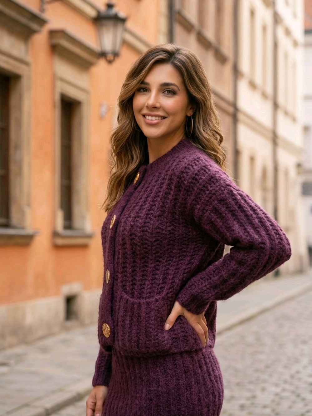 Chunky Knit Cardigan with Gold Buttons - Wine - Picture 3 of 9